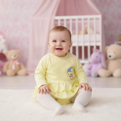 Bebé em vestido amarelo claro sentado em tapete branco com peluches e berço ao fundo