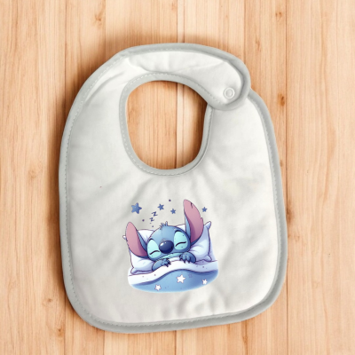 Babete branco com estampado de personagem azul a dormir