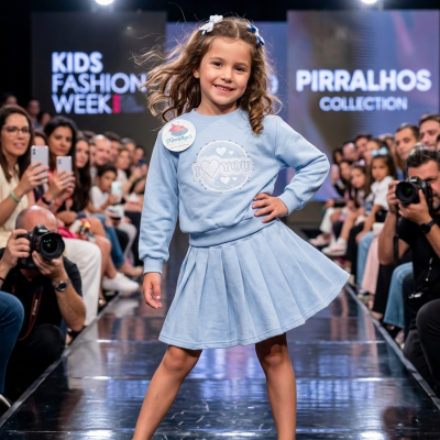 Menina a estrear vestido azul claro com sweat e saia plissada na passerelle de moda infantil