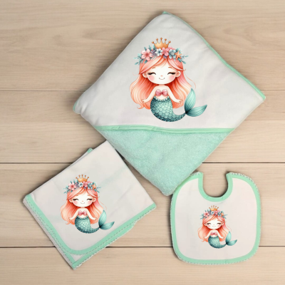 Conjunto de toalha, fralda e babete com ilustração de sereia ruiva