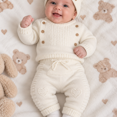 Bebé deitado com conjunto de malha creme e gorro numa manta com padrão de ursos e corações.