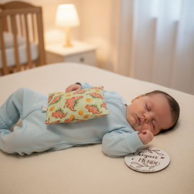Bebé deitado com pijama azul e almofada com padrão de dinossauros numa cama creme, com placa redonda com texto