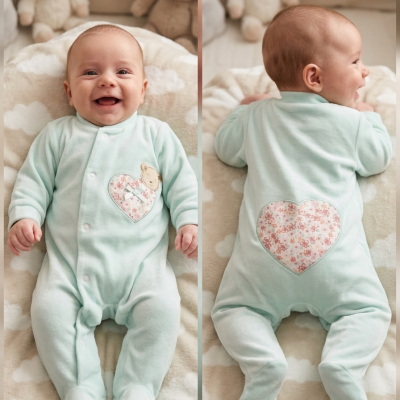 Pijama azul claro para bebé com corações florais e urso bordado, bebé deitado em manta com nuvens e peluches ao fundo.