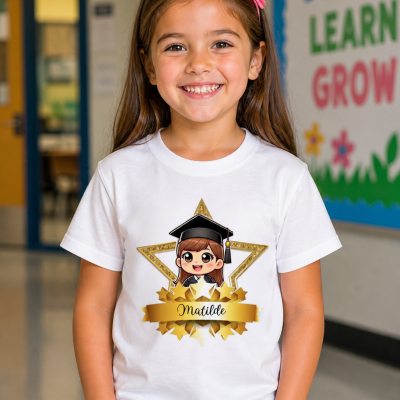 Menina sorridente veste t-shirt branca com estampa de graduação e nome Matilde, e jeans azuis