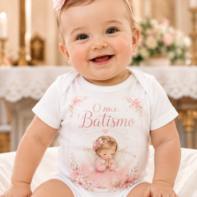 Bebé sorridente com body branco estampado O meu Batismo e fita rosa na cabeça, em ambiente de igreja.