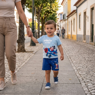 Menino com roupa do Mickey Mouse a caminhar com mulher numa calçada urbana.