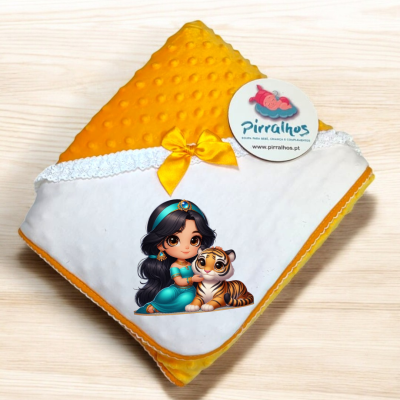 Manta de bebé amarela e branca com laço e personagem animada