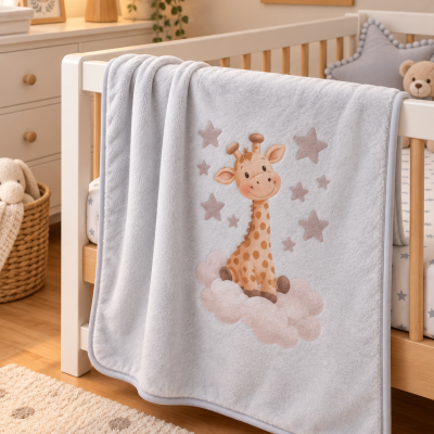 Manta cinzenta para bebé com desenho de girafa e estrelas pendurada numa cama de bebé.