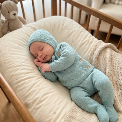 Bebé vestido com fato de malha azul clara a dormir em cama de madeira clara