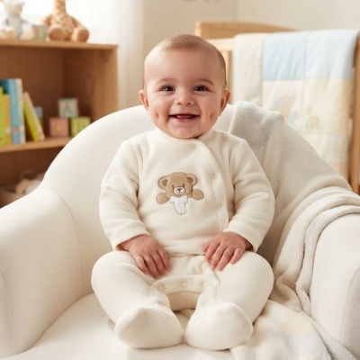 Bebé sorridente sentado numa poltrona branca usando roupa de veludo creme com bordado de ursinho castanho