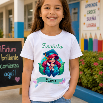 Camisola infantil branca com estampa colorida de desenho animado e texto Finalista Eletra