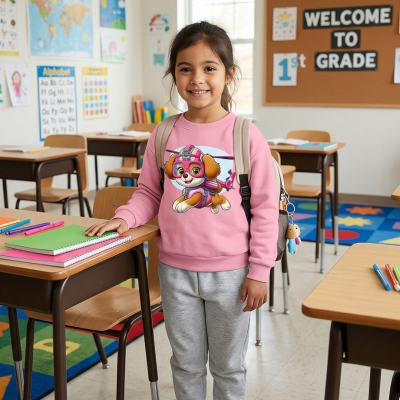 Menina com sweatshirt rosa e estampa de cão em sala de aula, roupa casual e mochila bege