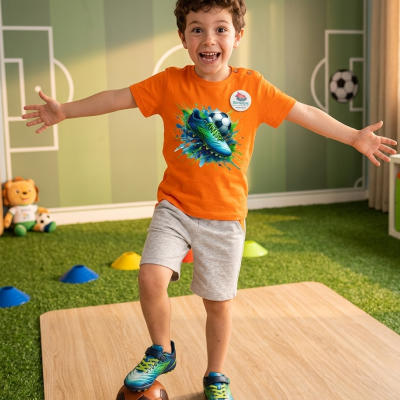 Menino com camisola laranja estampada de futebol e sapatilhas azuis em sala decorada com campo de futebol.