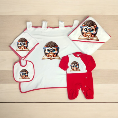 Conjunto de roupa e acessórios para bebé com estampa de ouriço a ler livro