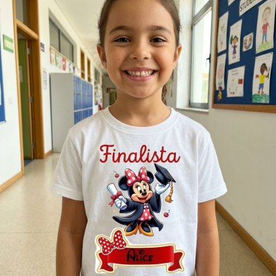 Camisola branca infantil com estampa da Minnie e texto Finalista Alice