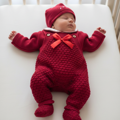 Bebé vestido com fato e gorro vermelhos de malha a dormir num berço branco