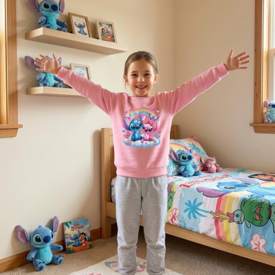 Menina com camisola rosa do Stitch em quarto decorado com peluches e roupa de cama do Stitch