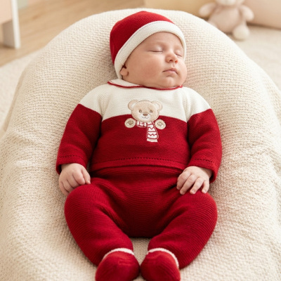 Bebé vestido com fato vermelho e branco sentado num puff bege