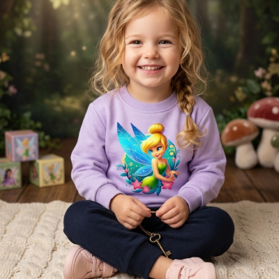 Menina sentada com camisola lilás com estampa de fada e calças azul-escuras