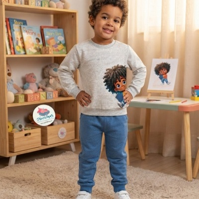 Menino com casaco cinza com personagem animado e calças azuis num quarto infantil com móveis de madeira