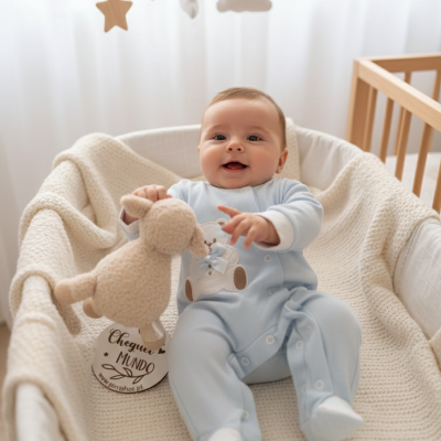 Bebé com pijama azul e brinquedo de peluche no berço com manta creme