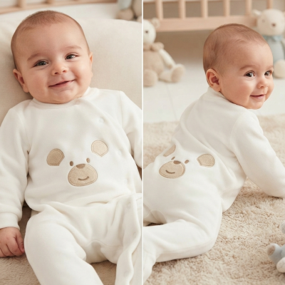 Bebé com macacão branco com rosto de urso bordado, em duas posições interiores com berço e peluches ao fundo.