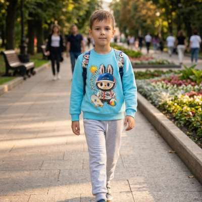 Menino com sweatshirt azul e mochila a caminhar numa avenida de parque