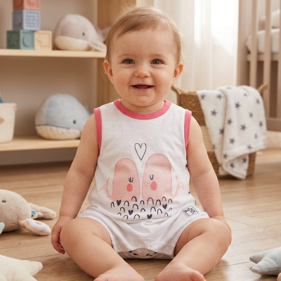 Bebé sentado com body branco e rosa com estampa de baleias, brinquedos ao redor e prateleira de madeira ao fundo