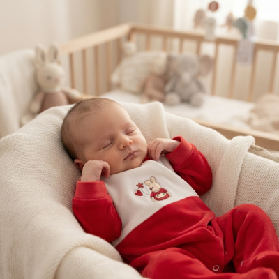 Bebé a dormir vestido com fato vermelho e branco com bordado de coelho, deitado numa manta branca,. cama de madeira clara e brinquedos peluche