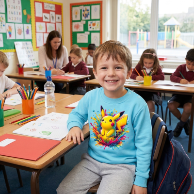 Menino sorridente com camisola azul claro estampada com Pikachu numa sala de aula
