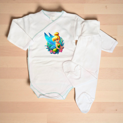 Conjunto de roupa de bebé branco com estampa da fada Sininho