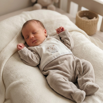 Bebé adormecido com pijama bege e ursinho bordado deitado em almofada creme num berço de madeira