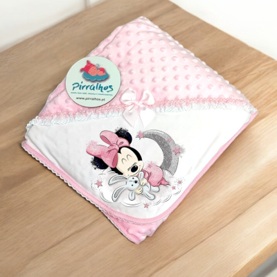 Cobertor de bebé rosa com bordado da Minnie e coelhinho