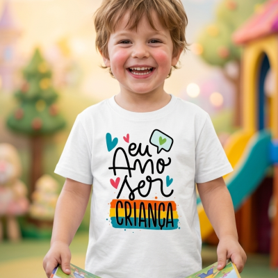 Criança sorridente com t-shirt branca e livro infantil ao ar livre