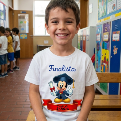 Camisola branca com estampa de Mickey Mouse e texto Finalista Dinis, criança sorridente sentada em banco numa sala de aula.