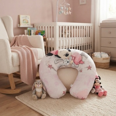 almofada de amamentação Minnie Mouse num quarto de bebé com berço e poltrona