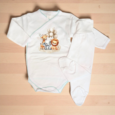 Conjunto de bebé branco com body e calças e estampado de animais