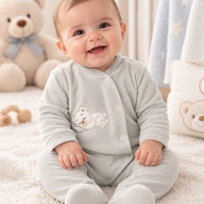 Bebé sorridente com pijama cinzento claro com ursinho bordado sentado em tapete castanho claro