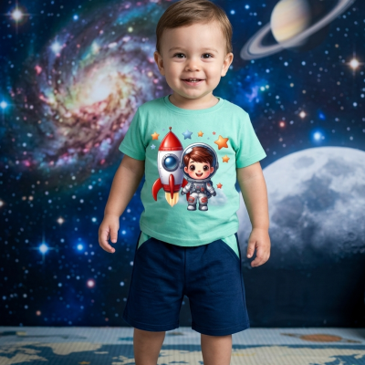 Criança de pé com camiseta verde-água de astronauta e calções azuis escuros em fundo de espaço e tapete com mapa.