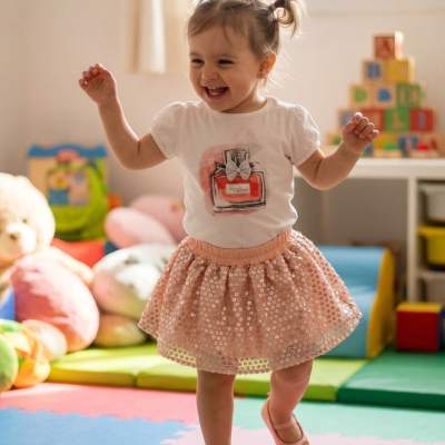 Criança feliz vestindo roupa cor-de-rosa e branca em ambiente de brincadeira colorido