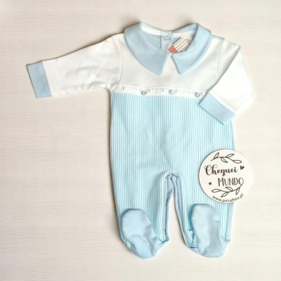 Macacão para bebé azul claro e branco com gola e punhos azul claros