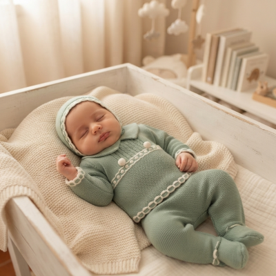 Bebé vestido com roupa de malha verde deitado numa cama branca com mantas bege, à sua volta decoração neutra e livros.