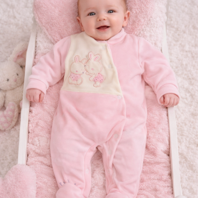 Bebé deitado numa cama branca com pijama rosa e bordado de coelhinhos