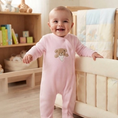 Bebé a usar macacão rosa com urso bordado, em quarto infantil com móveis de madeira