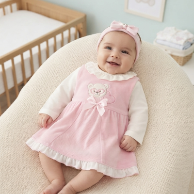Bebé com vestido rosa bordado de urso sentada numa cadeira creme, berço de madeira ao fundo