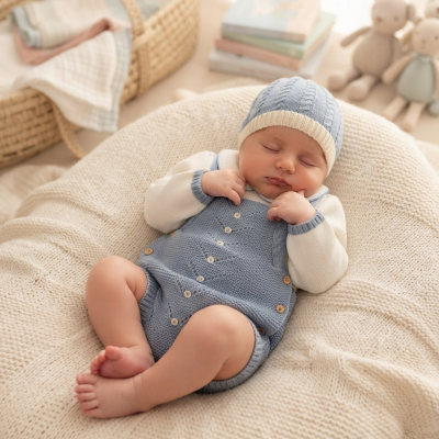 Bebé vestido com macacão azul claro e touca, deitado em almofada creme tricotada