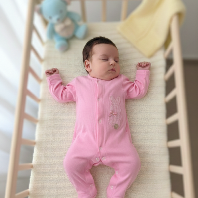 Bebé a dormir num macacão cor de rosa numa cama de grades de madeira clara