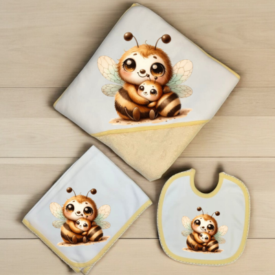 Conjunto de toalha com capuz, fralda e babete com ilustração de abelhas fofas