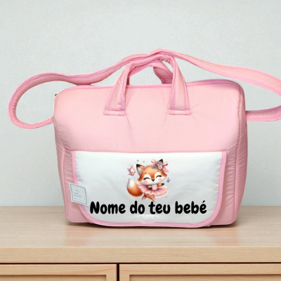 Mala rosa para bebé com bolso frontal branco e desenho de raposa