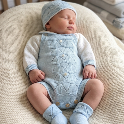 Bebé vestido com macacão de malha azul, cardigan branco, gorro e botins azuis deitado numa almofada bege.